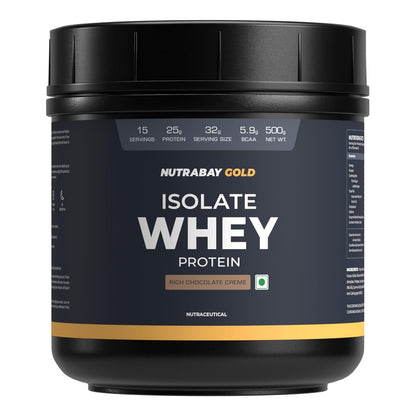 Nutrabay Gold Isolate Whey Protein container on a white background