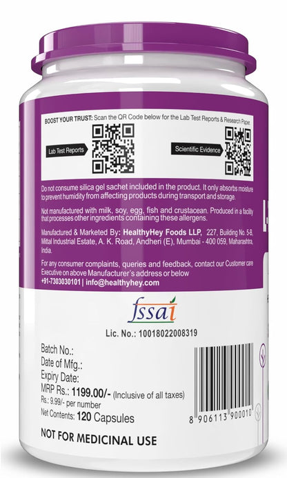 Supplement container with purple lid and label displaying text and a QR code.