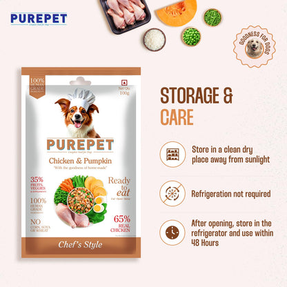 Purepet Fresh Dog Food Chicken & Pumpkin, for Adult & Puppy, 100gm | High Protein, 65% Real Chicken, 35% Fruits & Veggies | No Preservatives | Ready to Serve | All Breeds | One Pack One Meal