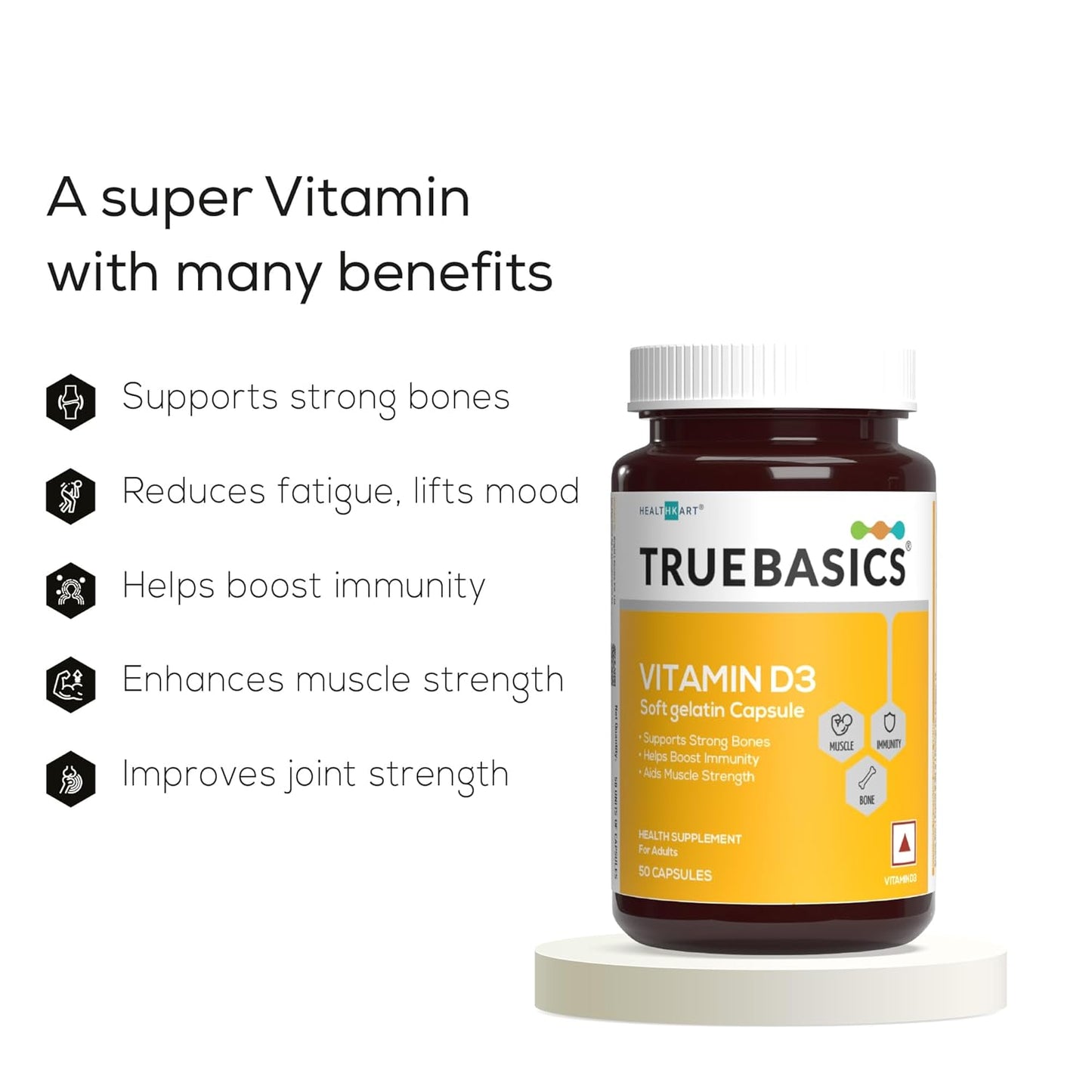 TrueBasics Vitamin D3 supplement bottle with benefits listed on a white background