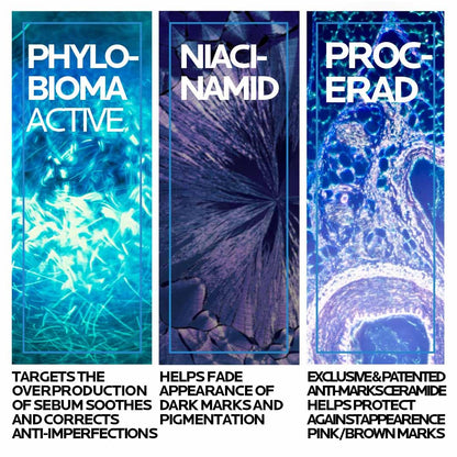 Three vertical panels with blue and purple abstract designs and text about skincare benefits.