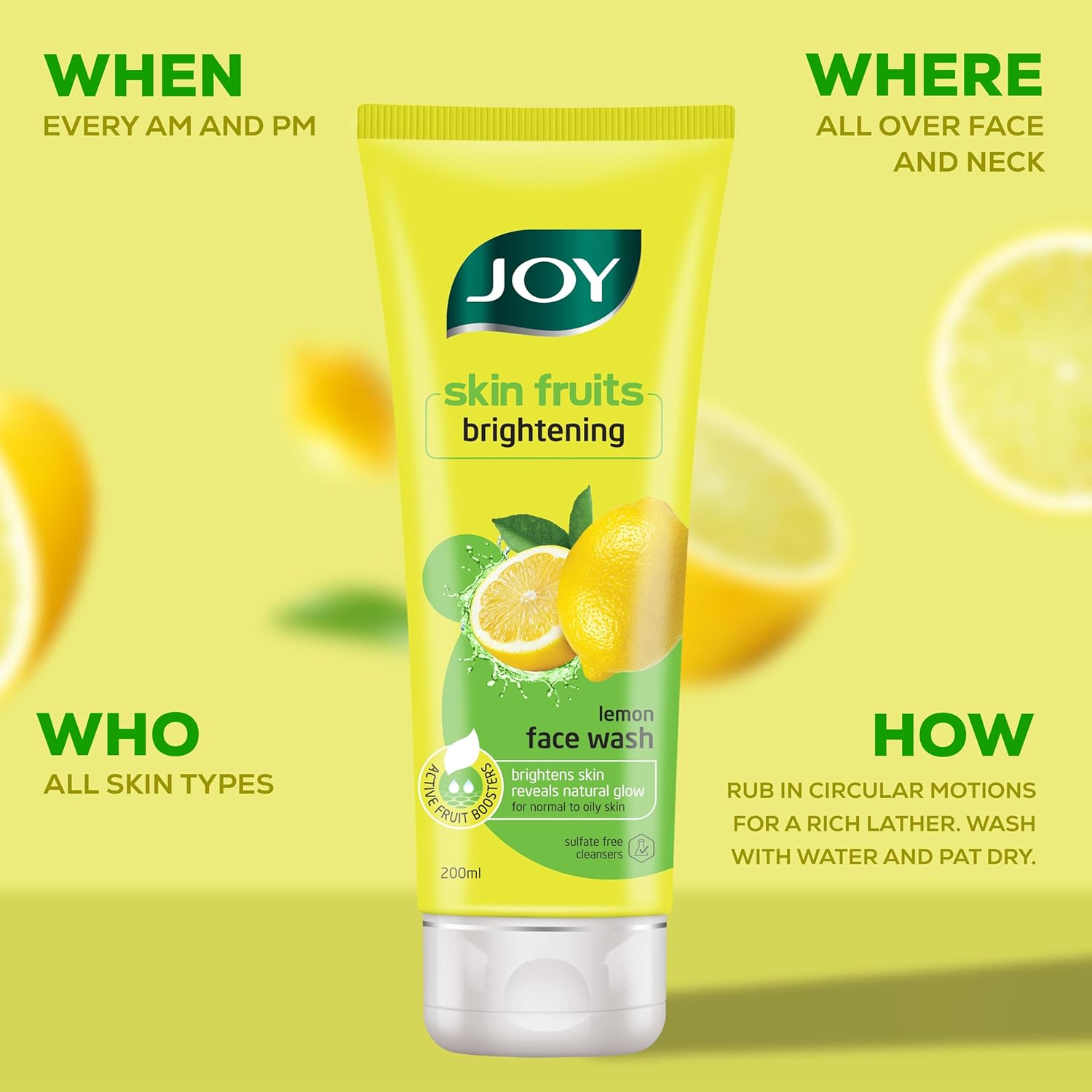 JOY skin fruits brightening lemon face wash tube on a yellow background with lemon slices.
