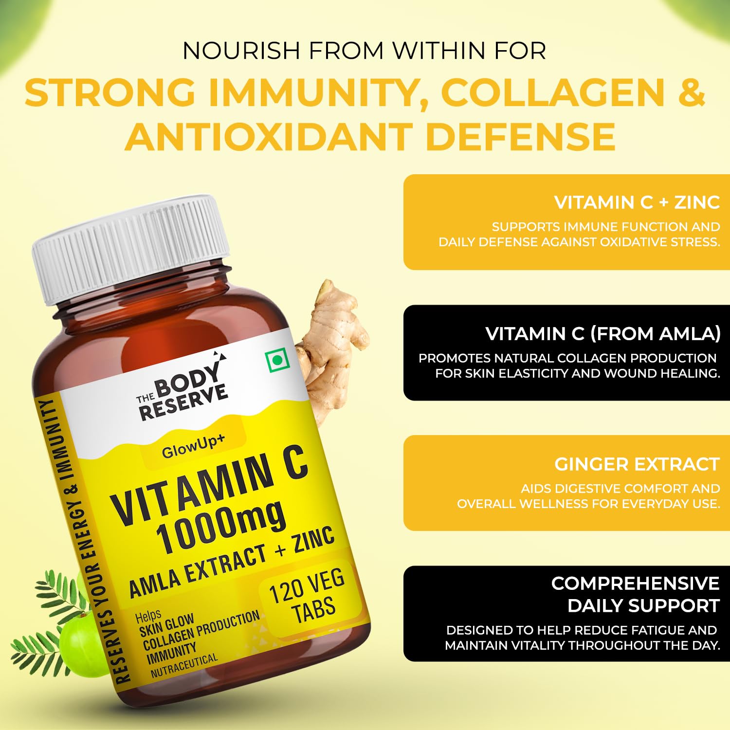 Vitamin C supplement bottle with text highlighting benefits on a light yellow background
