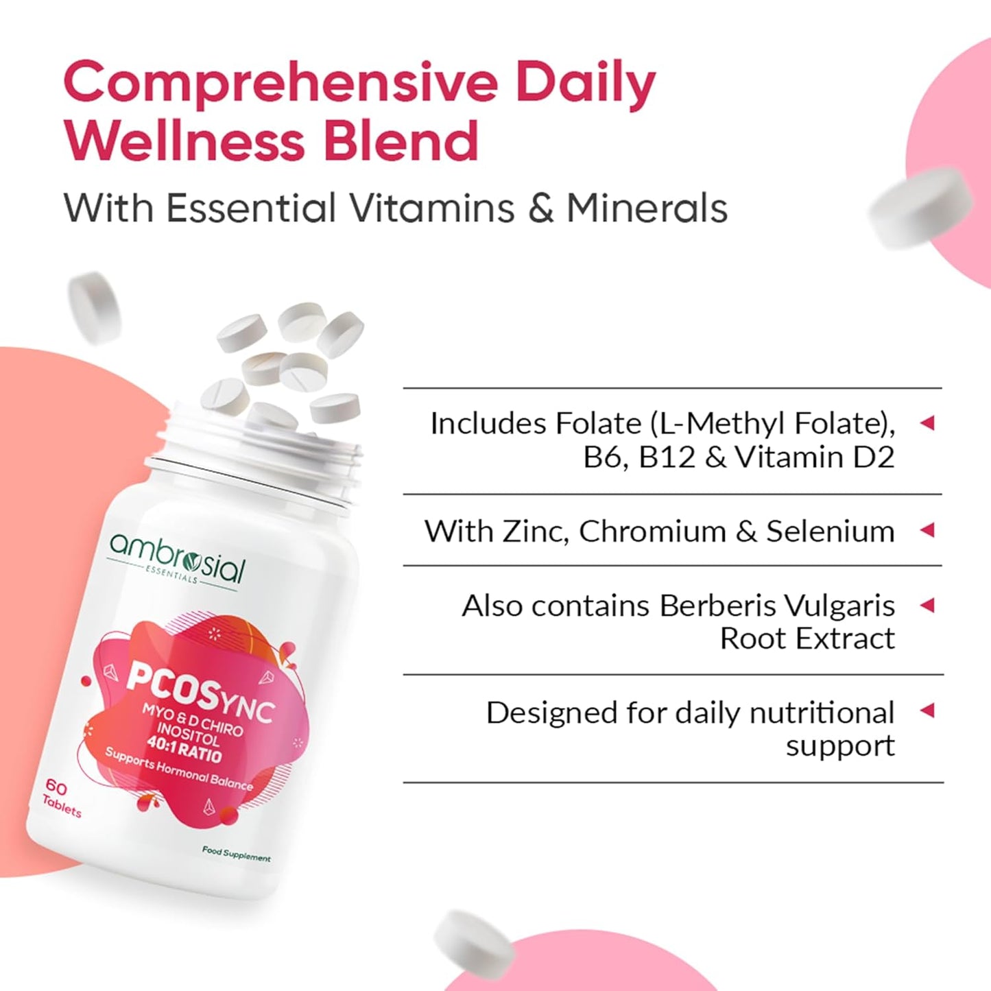Ambrosial PCOSync supplement bottle with product details on a white background