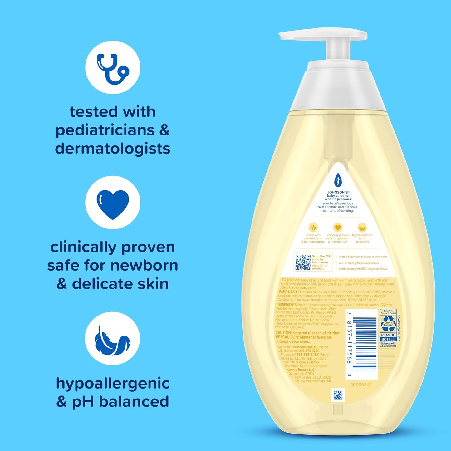 Johnson's Head-to-Toe Gentle Tear-Free Baby & Newborn Wash & Shampoo, Sulfate-, Paraben- Phthalate- & Dye-Free, Hypoallergenic Wash for Sensitive Skin & Hair, 27.1 fl. Oz