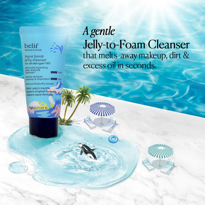 belif Aqua Bomb Jelly Cleanser with ocean-themed design on a beach setting