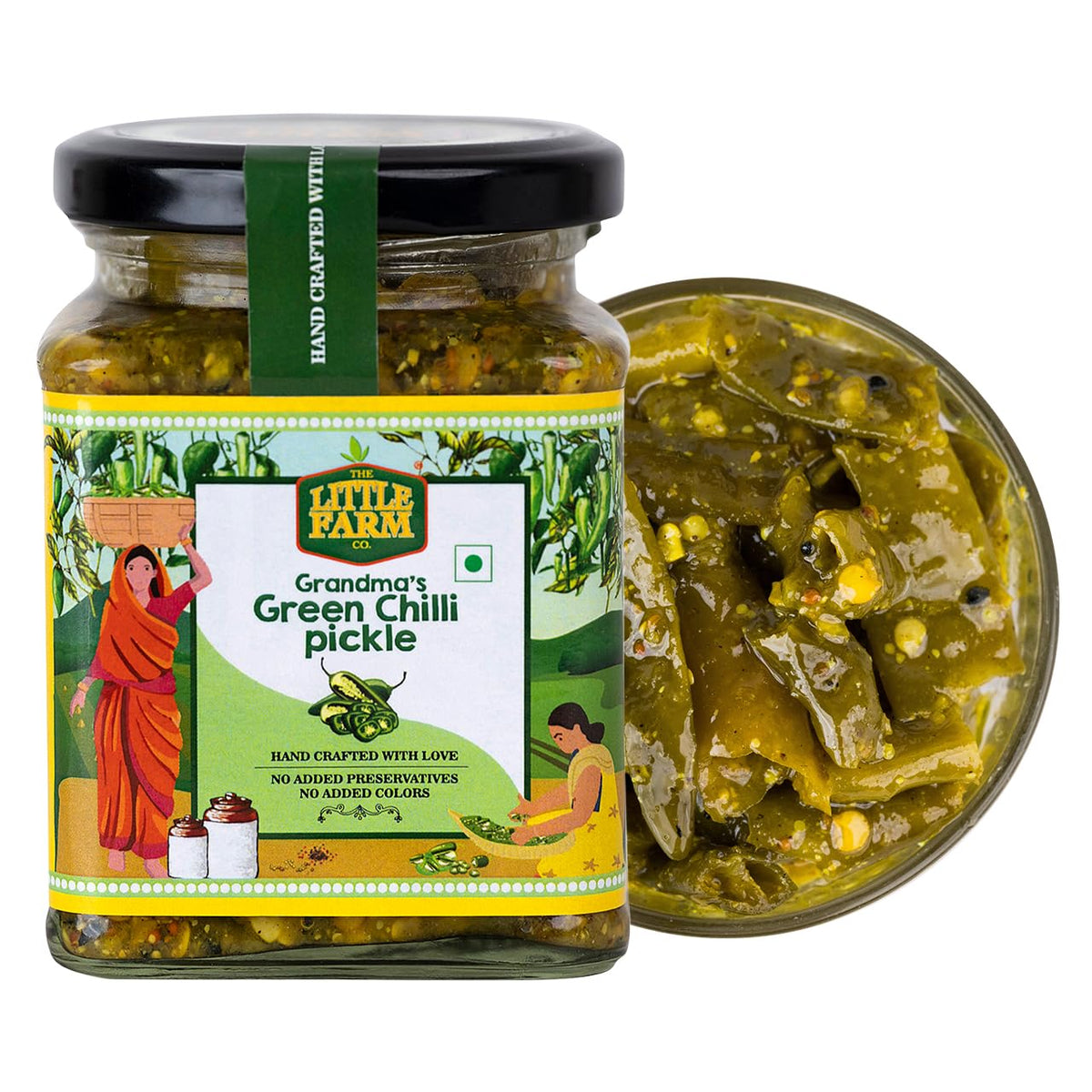THE LITTLE FARM CO Green Chilli Pickle - Hari Mirch ka Achar | Less Oil Mustard Base Homestyle Tangy Flavour Chilli Pickles | No Added Preservatives, Artificial Colours & Flavours | Traditional Recipe