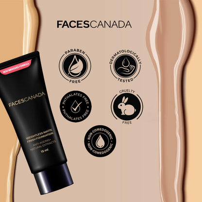 FACES CANADA Weightless Matte Finish Foundation - Beige, 15ml | Lightweight | Natural Finish | Anti-Ageing | Non-Clog Pores | Enriched With Olive Seed Oil, Grape Extract, Shea Butter