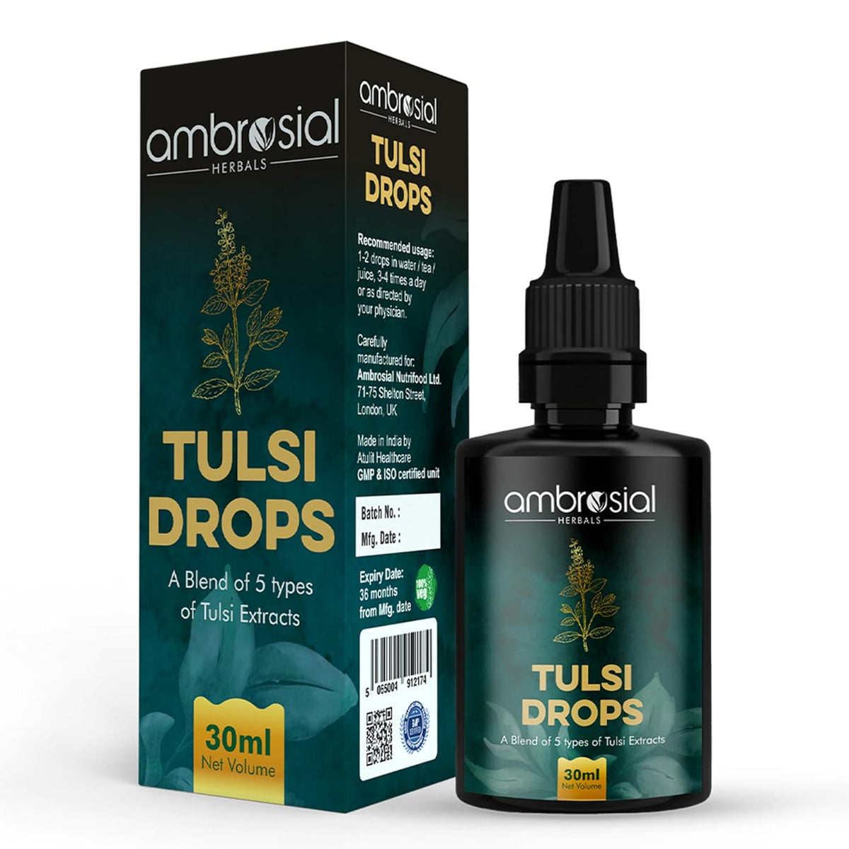 Ambrosial Tulsi Drops packaging and bottle on a white background