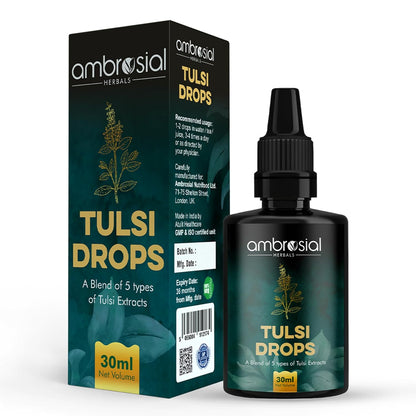 Ambrosial Tulsi Drops packaging and bottle on a white background