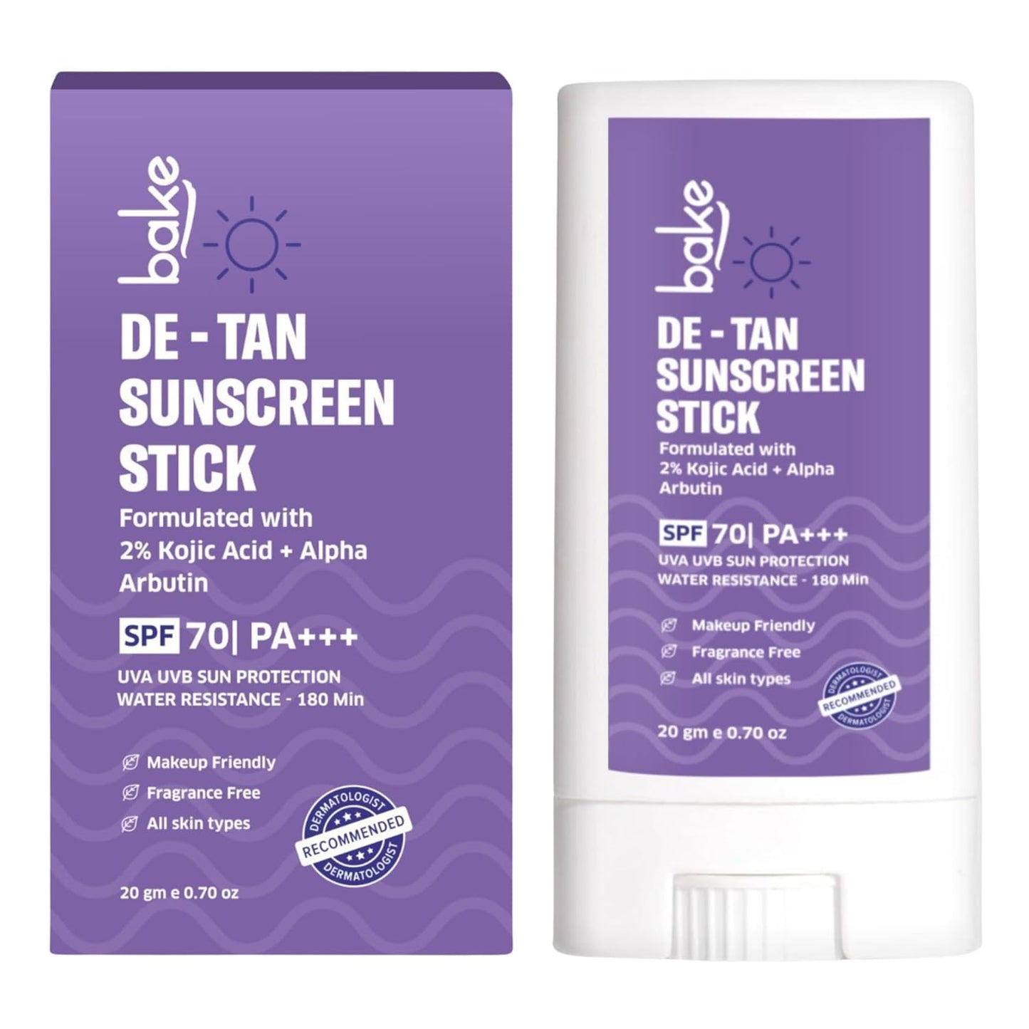 BAKE De-Tan Water Resistant Sunscreen Stick SPF 70 PA++++ with 2% Kojic Acid & Alpha Arbutin | Lightweight, No White Cast | For All Skin Types | For Pigmentation & Dark Spots - 20g