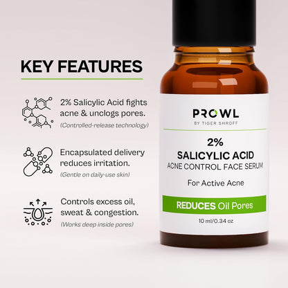 PROWL by Tiger Shroff 2% Salicylic Acid Face Serum for Oily & Acne Prone Skin | Reduces Dark Spots, Pigmentation & Controls Oil for Men | Exfoliating Serum for All Combination Skin | 10ml