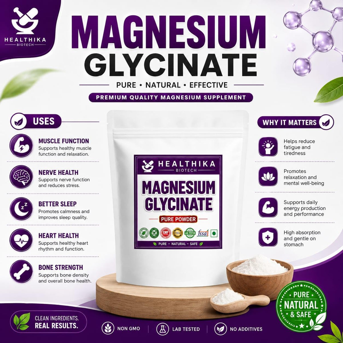 HEALTHIKA BIOTECH Magnesium Glycinate Powder | Magnesium Bisglycinate Powder | Dietary Supplement for Daily Use, 100g