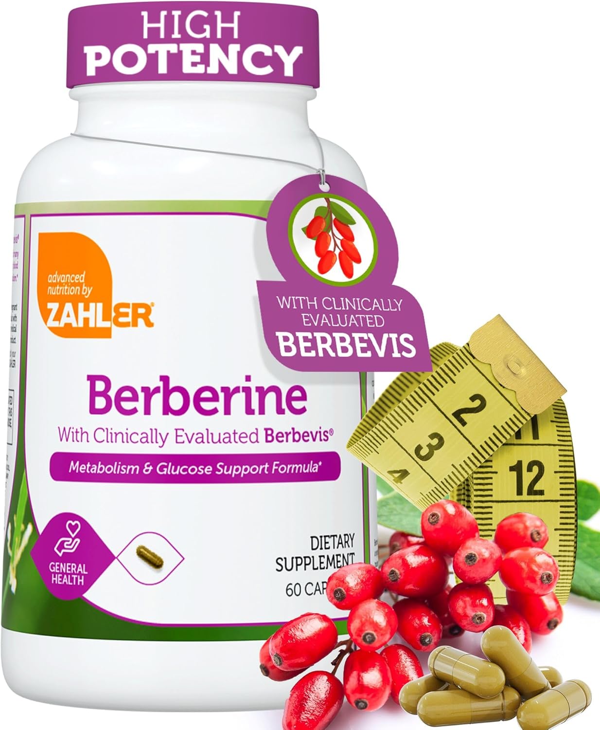 Supplement bottle labeled 'Zahler Berberine' with berries and measuring tape on a white background