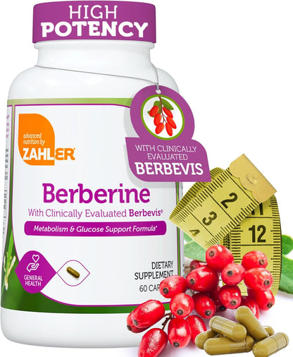 Supplement bottle labeled 'Zahler Berberine' with berries and measuring tape on a white background