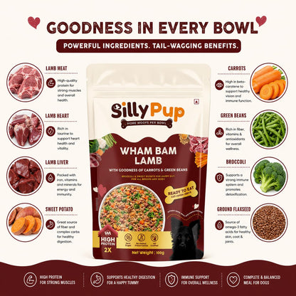 Silly Pup Wham Bam Lamb | Premium Cooked Wet Dog Food | Real Lamb, Red Lentils & Vegetables | Turmeric, Brewer's Yeast & Flaxseed | Lab Tested | No Preservatives | Vet Crafted (1 Pouch - 100g)