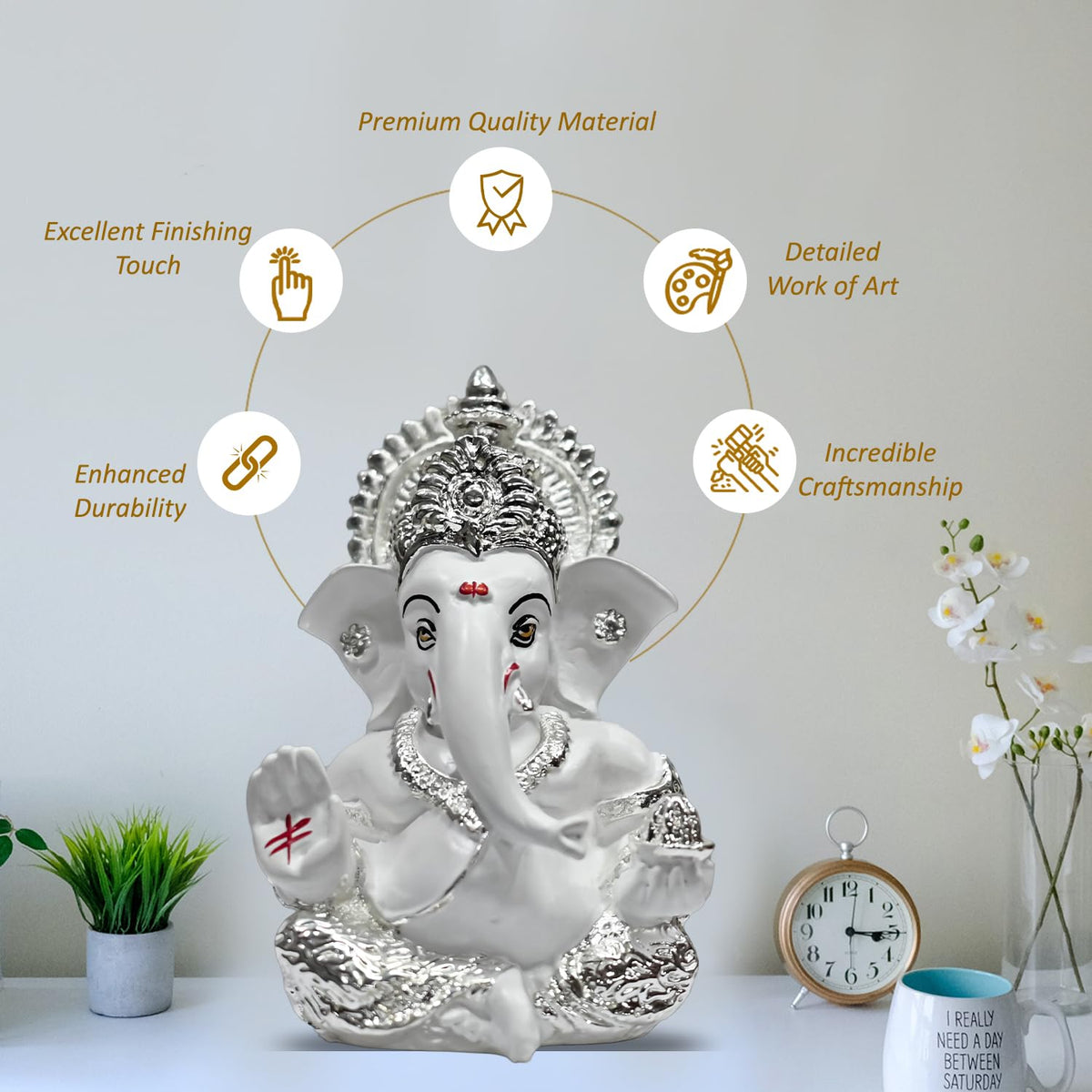 999 Silver Plated Lord Ganesha Idol for Temple, Puja Room, Home Decor, Gifting| Murti Ganpati Idol for Peace, Prosperity, Positive Energy, Good Luck, Success (8.89 x 5.08 cm)