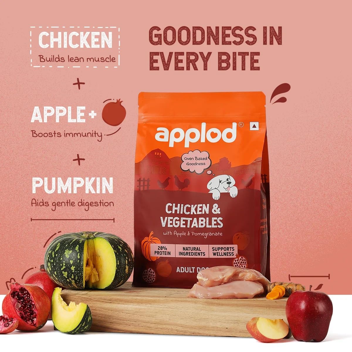 Applod Chicken & Vegetables with Apple & Pomegranate Adult Dry Dog Food | Oven-Baked Complete Nutrition for Skin & Coat Health | Vet-Reviewed Formula | 150g