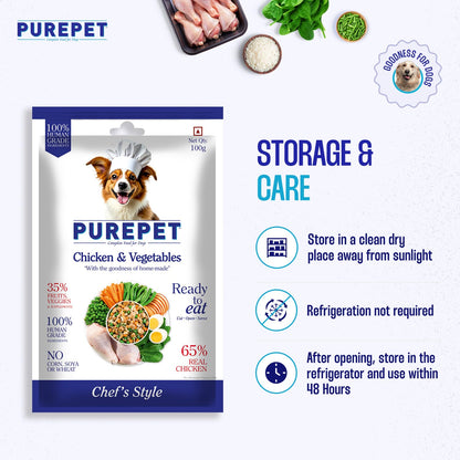 Purepet Fresh Dog Food Chicken & Vegetables, for Adult & Puppy, 100gm | High Protein, 65% Real Chicken, 35% Fruits & Veggies |No Preservatives | Ready to Serve | All Breeds | One Pack One Meal