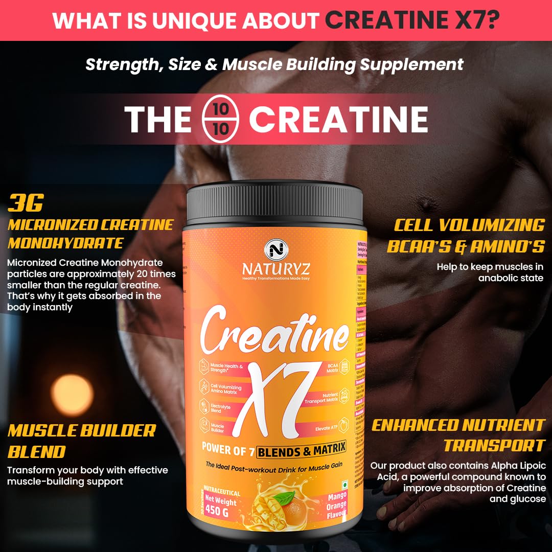 Creatine X7 supplement container with promotional text about its benefits on a dark background