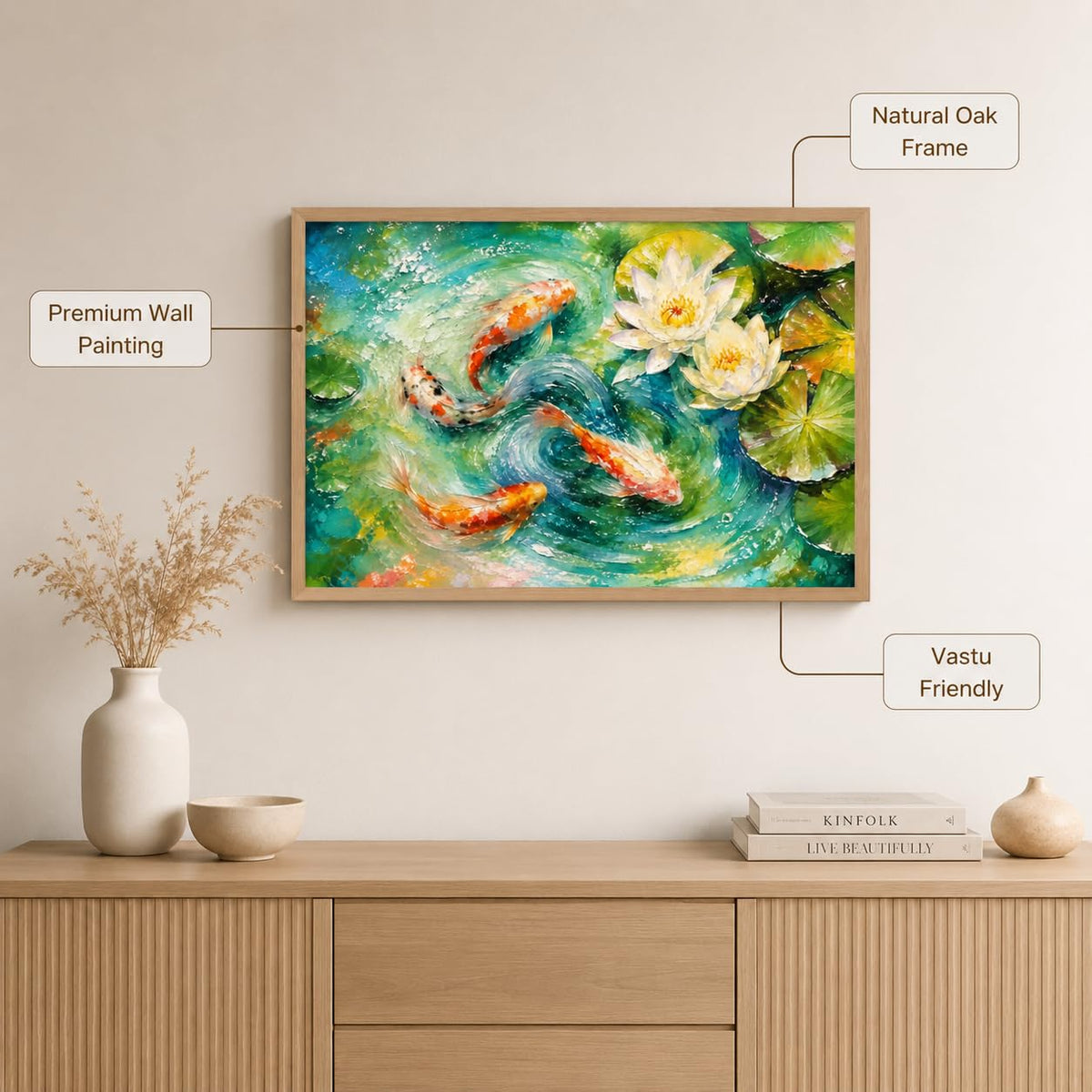 Koi Fish Lotus Pond Vastu Wall Painting for Living Room Bedroom Hall Office Decor, Water Lily Nature Artwork, Premium Wooden Synthetic Frame (13.5 x 19.5 Inch) NM01-V-178