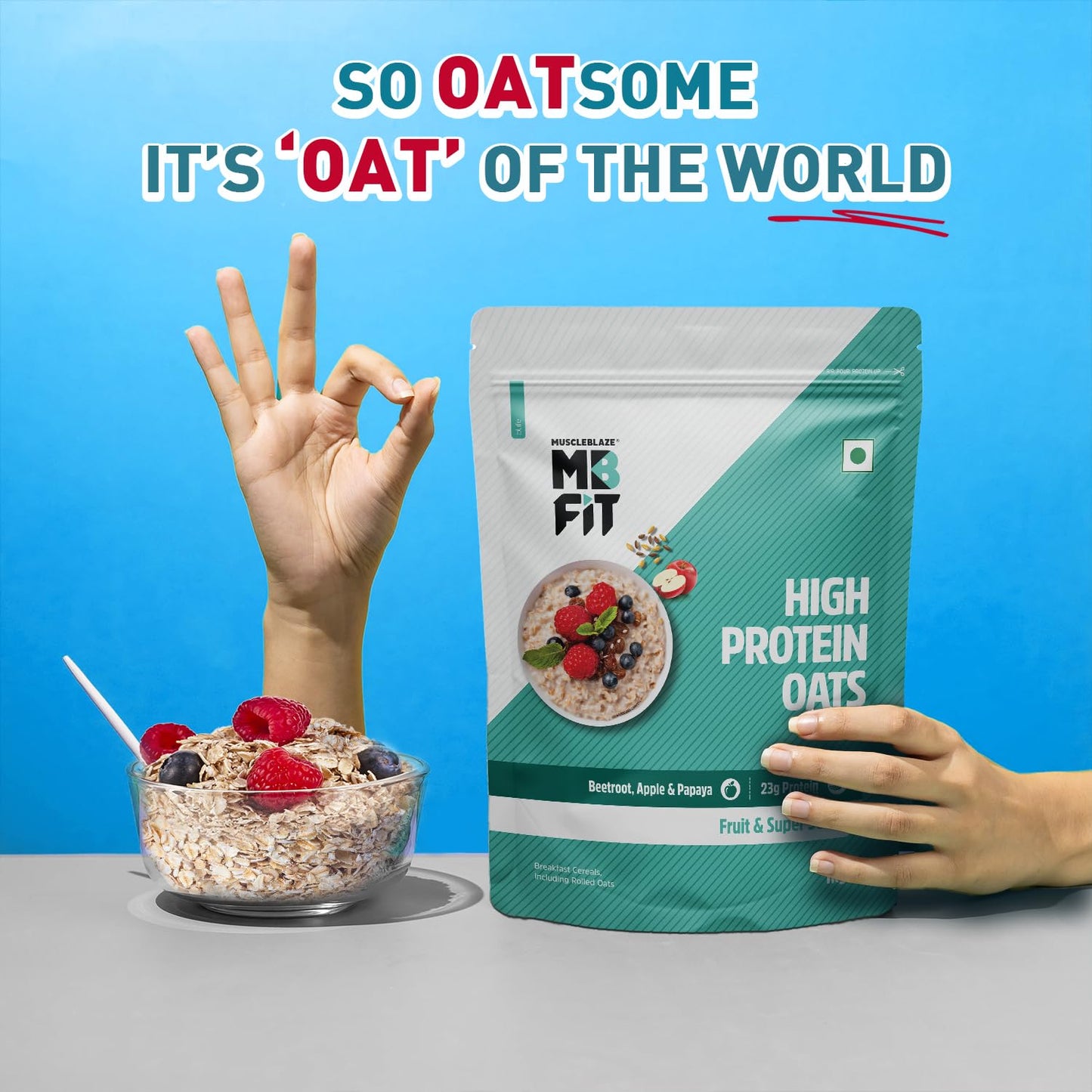 MuscleBlaze Fit High Protein Oats (Fruit & Super Seeds, 1kg) | 23g Protein | Breakfast Cereals for Weight Management