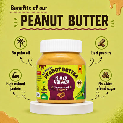 Nutty Village Natural Unsweetened Peanut Butter Creamy with 31.08g Protein - No Added Sugar and Salt - No Palm Oil - Vegan and Gluten free - 325g Peanut Butter