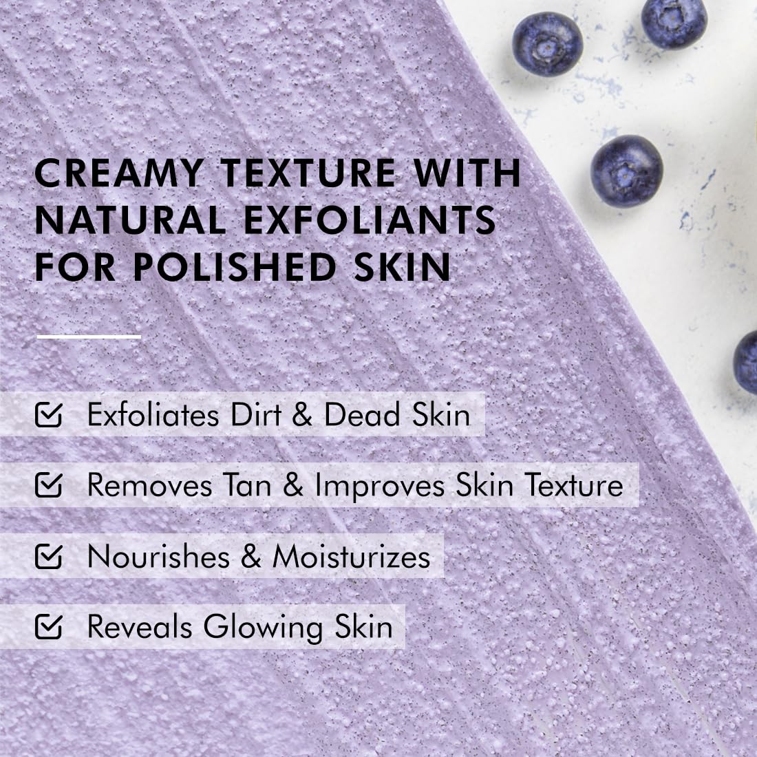 Product with text about its benefits for polished skin, surrounded by blueberries on a white background.