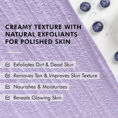 Product with text about its benefits for polished skin, surrounded by blueberries on a white background.