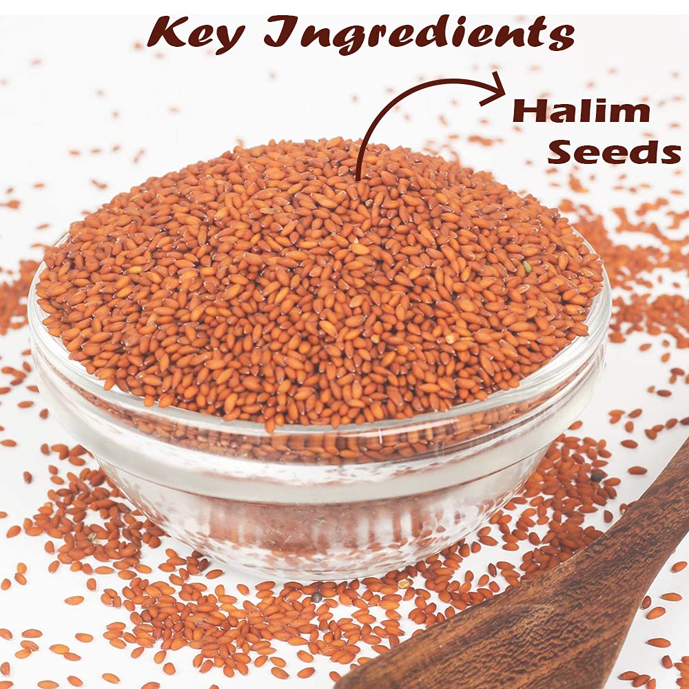 Bowl of halim seeds with an arrow pointing to them and text indicating 'Key Ingredients Halim Seeds'.