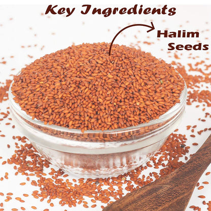 Bowl of halim seeds with an arrow pointing to them and text indicating 'Key Ingredients Halim Seeds'.
