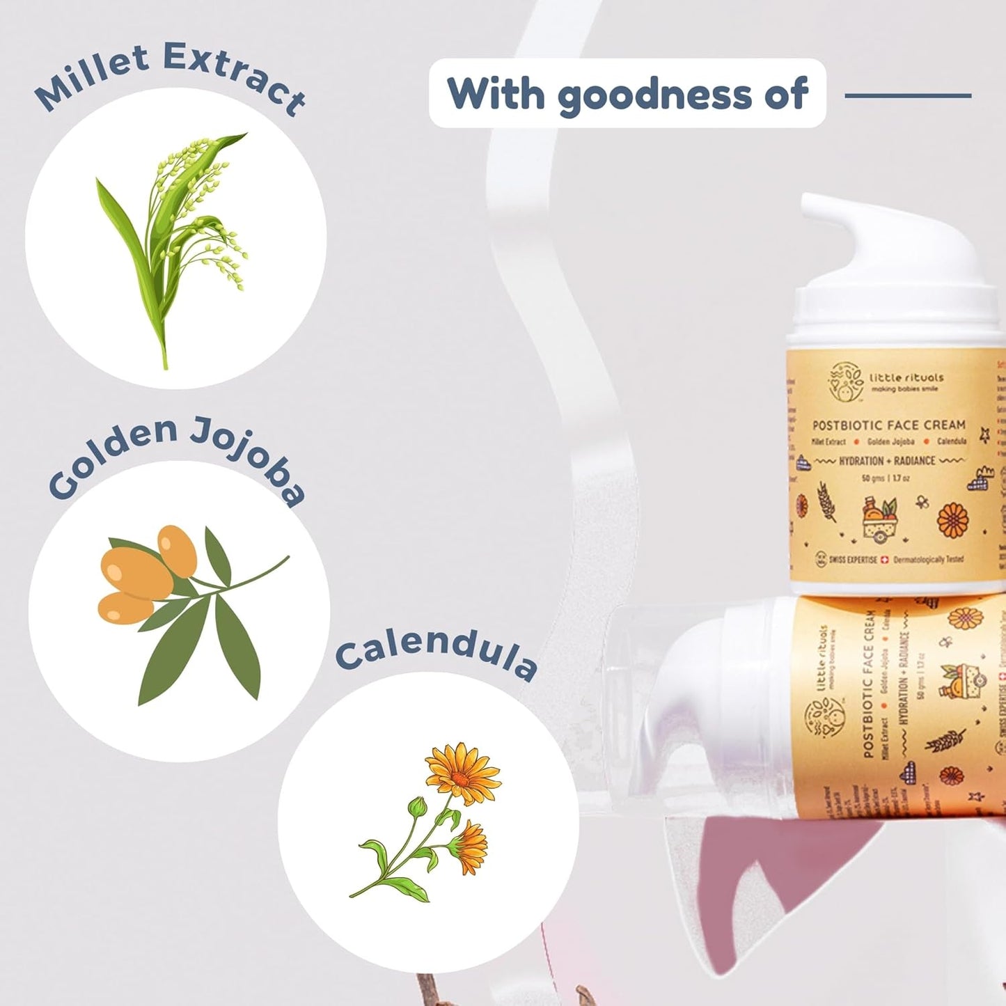 Little Rituals Baby POST-BIOTIC FACE CREAM - HYDRATION + RADIANCE Formulated with best plant botanical - Golden Millets, Jojoba, and Calendula, Natural, Organic, Dermat tested, SWISS Technology -30 gm