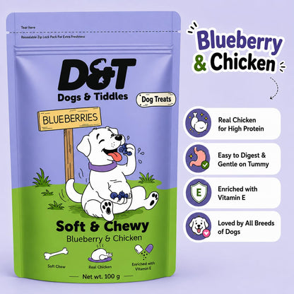 Dogs & Tiddles Blueberry & Real Chicken Dog Treats for Puppies & Adult Dogs, 100g | Soft & Chewy Puppy Treats | Easily Digestible and Healthy|Tasty Training Treats and Dog Snacks