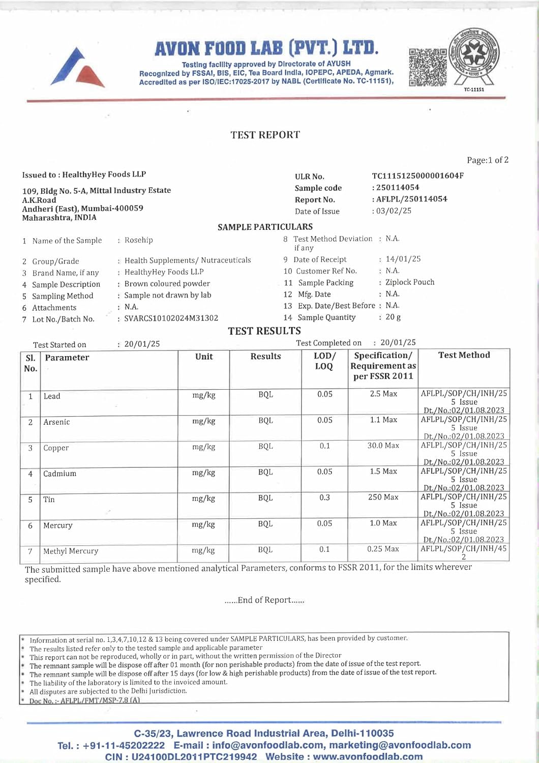 Avon Food Lab test report for a food product with various parameters tested.