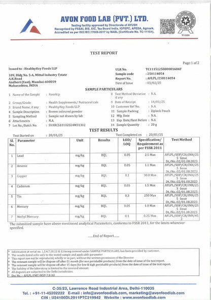 Avon Food Lab test report for a food product with various parameters tested.