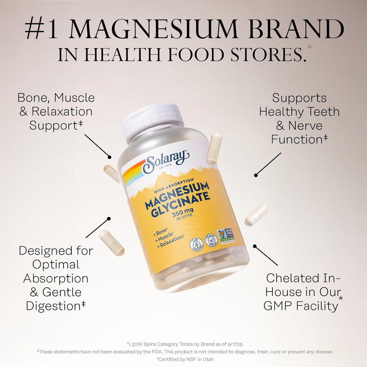 Solaray magnesium supplement bottle with text highlighting benefits on a gray background