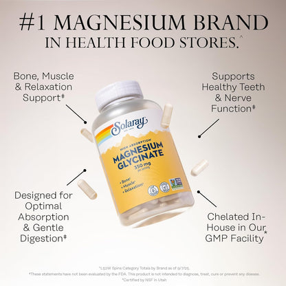 Solaray magnesium supplement bottle with text highlighting benefits on a gray background