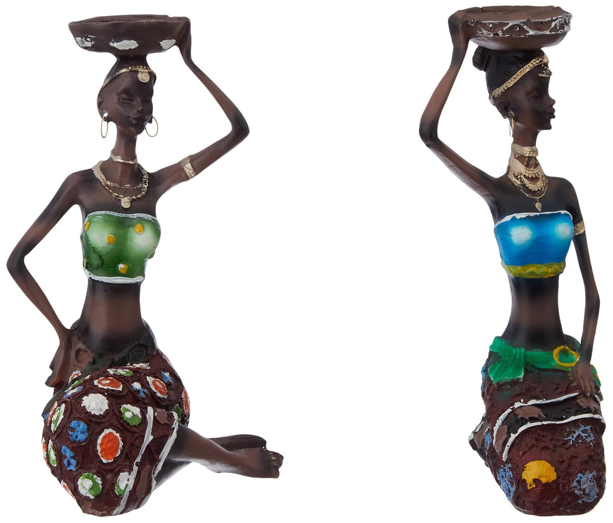 Handcrafted Home Decor Art Piece | Sitting African Tribal Women with Candle Holder | Set of 2 (Multicolor)