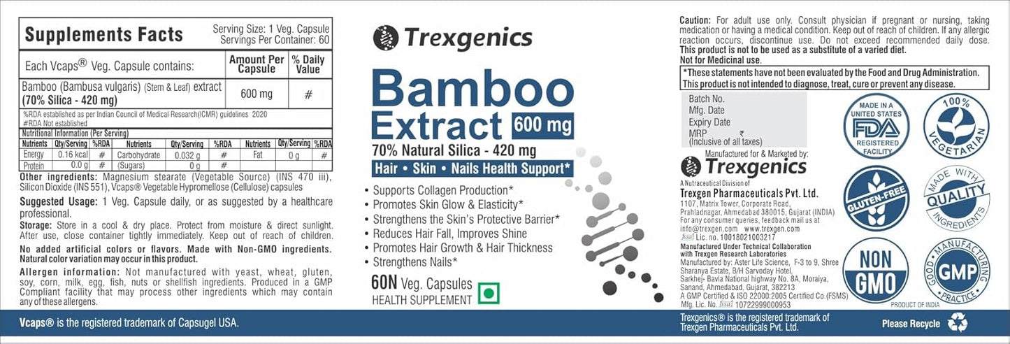 Trexgenics BAMBOO EXTRACT 70% Silica 600 mg Hair,Skin, Nails Support VEGAN & NON-GMO (60 Veg. Capsules) (Pack of 1)