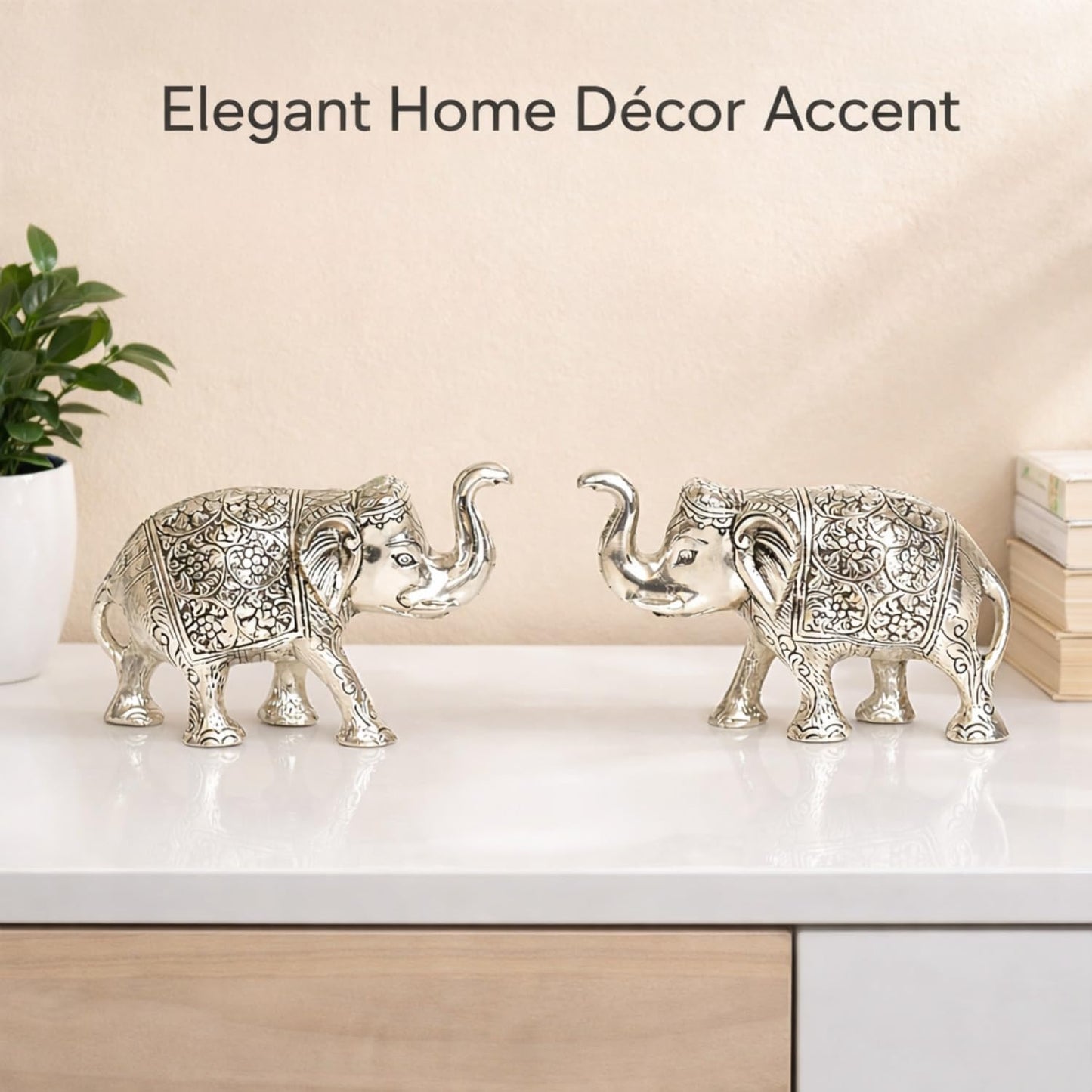 Kalakriti Metal Elephant Statue Small Silver 2 pcs Set Enhance Your Home Car Office Table Article | Animal Decorative Showpiece Figurines for Best Gifting