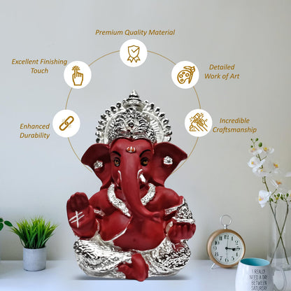999 Silver Plated Ganesh Idol for Office Desk Puja Room God Ganesha Idol for Home Decor Ganpati for Gift 3.5 inches (8.89 x 5.08 cm) (Mukut Silver red), Religious