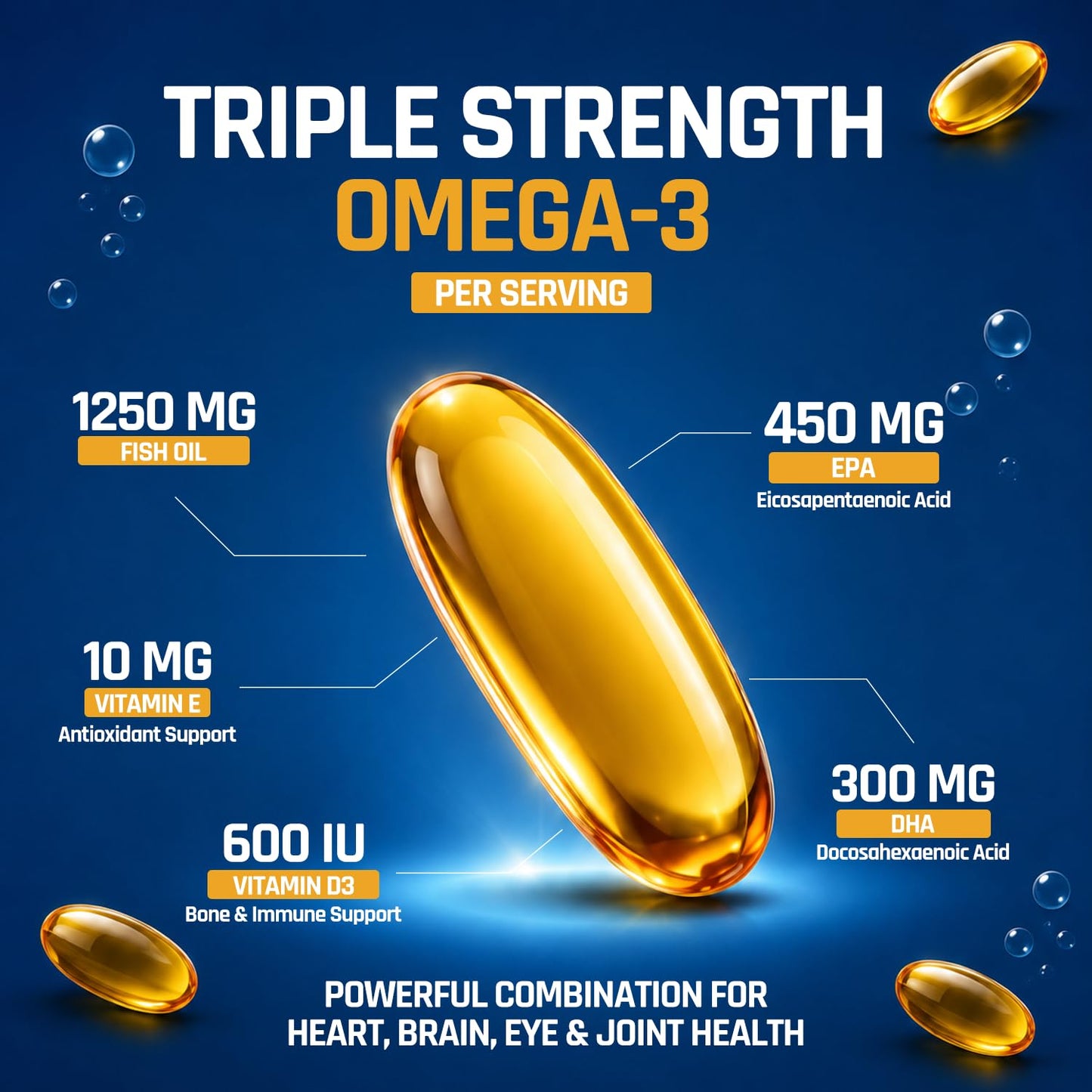 NATURALTEIN Ultimate Omega-3 plus Fish Oil 1250mg Triple Strength Softgel Capsules with vitamin D3 and E | 450mg EPA & 300mg DHA in Triglyceride Form for Better Absorption | Heart, Brain, Eye | 60 Softgel Capsules | 60-Day Supply