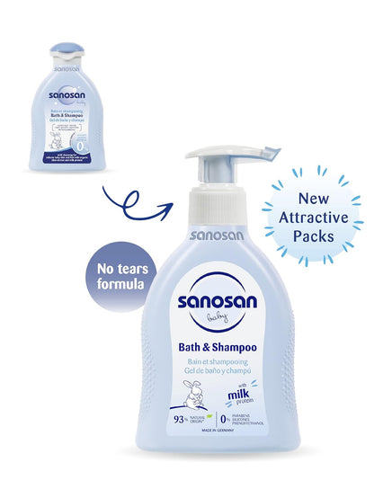 Sanosan bath & shampoo Hydrolysed Milk Protein Formula Daily Head To Toe Milky Wash No Tear Formula For Newborn Baby 2 In 1 Shampoo & Body Wash- 200 ml