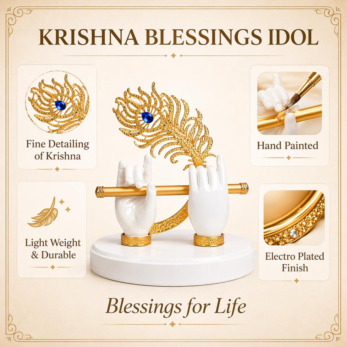 Goldplated Krishna Hand with Flute Idol Peacock Feather Mor Pankh Showpiece,Housewarming Gift, Birthday Wedding Anniversary Janmashtami Gift,Home Decor Decoration Items for Living Room