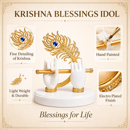 Goldplated Krishna Hand with Flute Idol Peacock Feather Mor Pankh Showpiece,Housewarming Gift, Birthday Wedding Anniversary Janmashtami Gift,Home Decor Decoration Items for Living Room