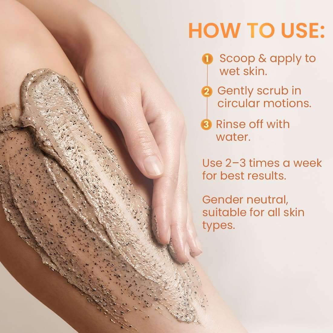 Instructions on how to use a exfoliating product with a close-up of hands applying it to skin.