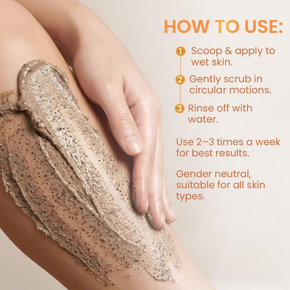 Instructions on how to use a exfoliating product with a close-up of hands applying it to skin.