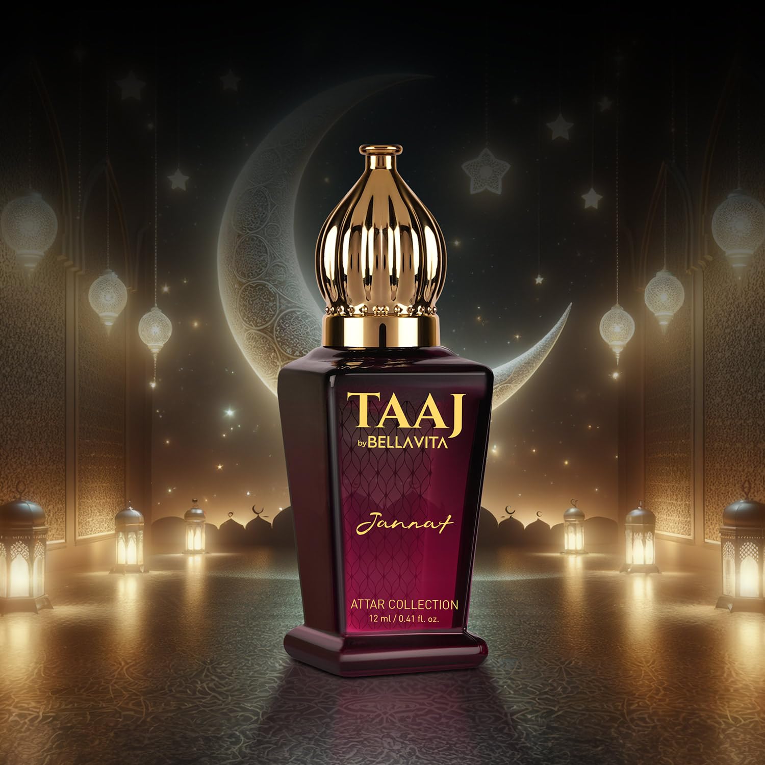 Perfume bottle with 'TAAJ' branding against a mystical background with lanterns and crescent moon.