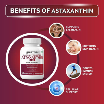 Biotrex Nutraceuticals Astaxanthin 4mg | Supports Eye & Skin Health I Boosts Immune System | Cellular Support | Naturally Sourced - 60 Veg Capsules