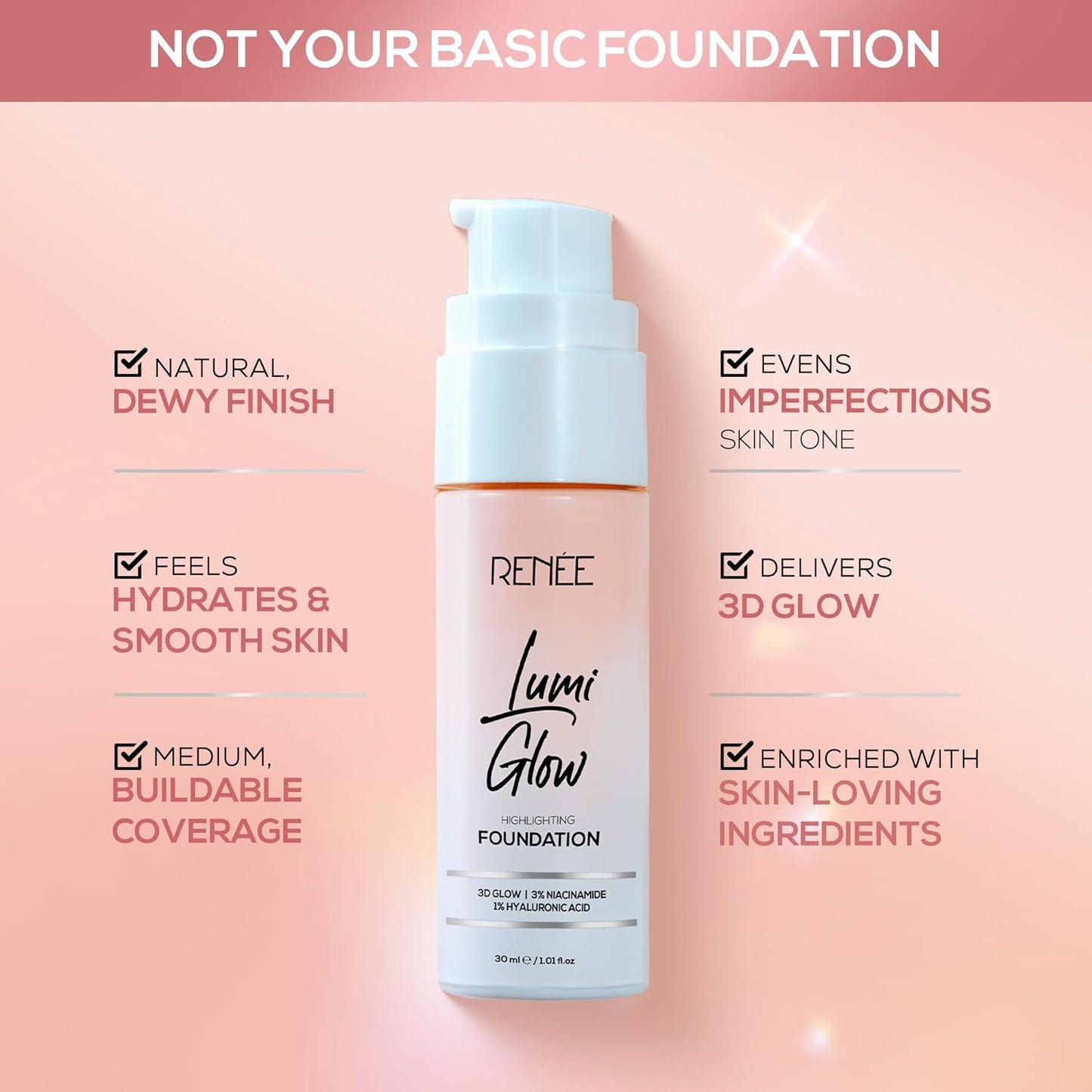RENEE Lumi Glow Highlighting Liquid Foundation - Silk Cocoa | Dewy Finish, Buildable Coverage & 3D Glow | Hydrates & Smoothens For Luminous Skin | With Hyaluronic acid & Niacinamide | 30ml